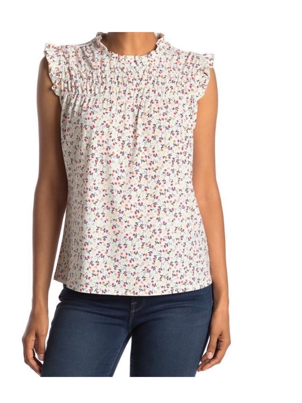 Adrianna Papell Printed Ruffle High Neck Smocked Floral Sleeveless Shirt S